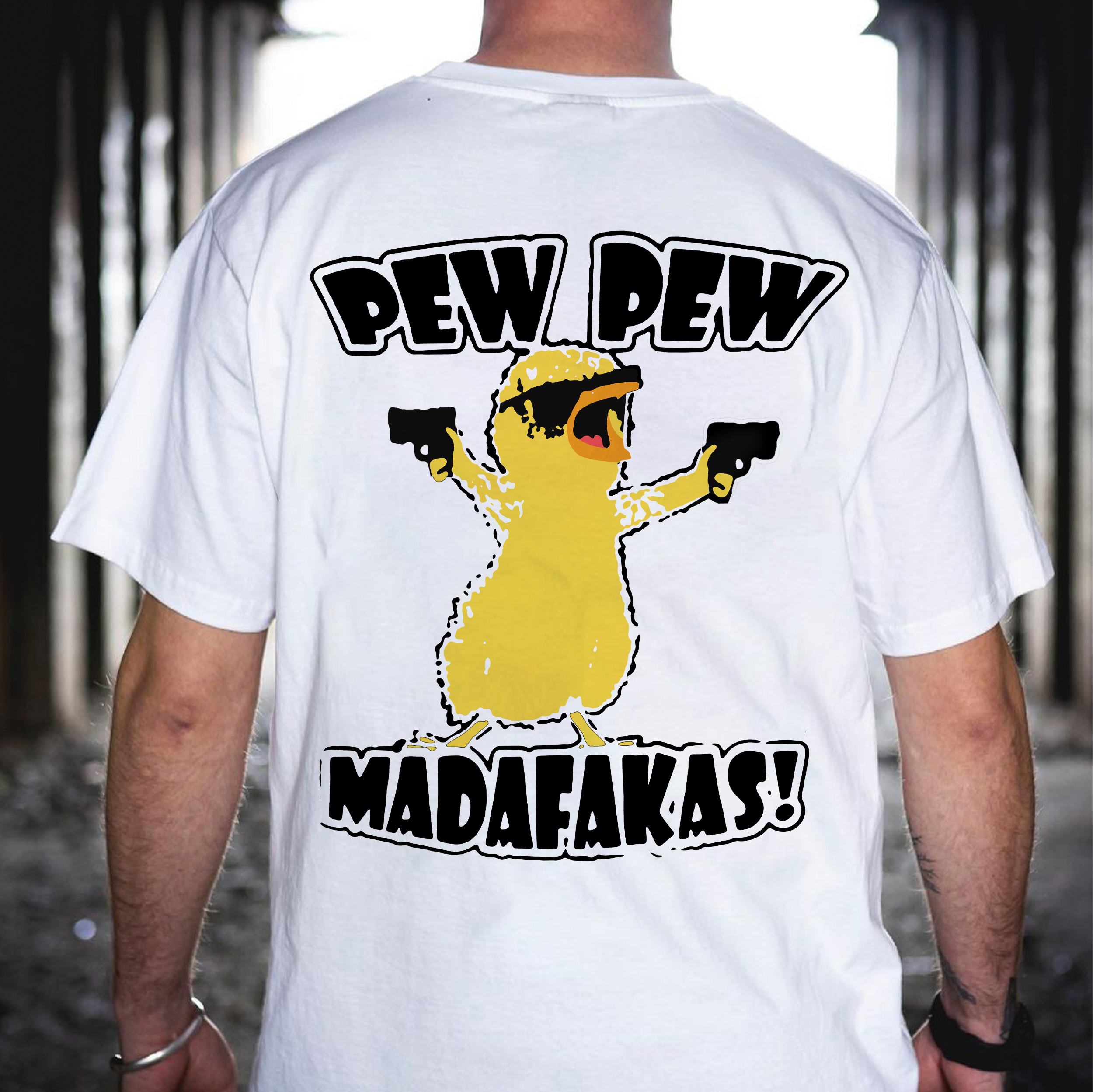 Yellow Duck Carries Pistol Letter Graphic Black Print T-shirt Image - 6