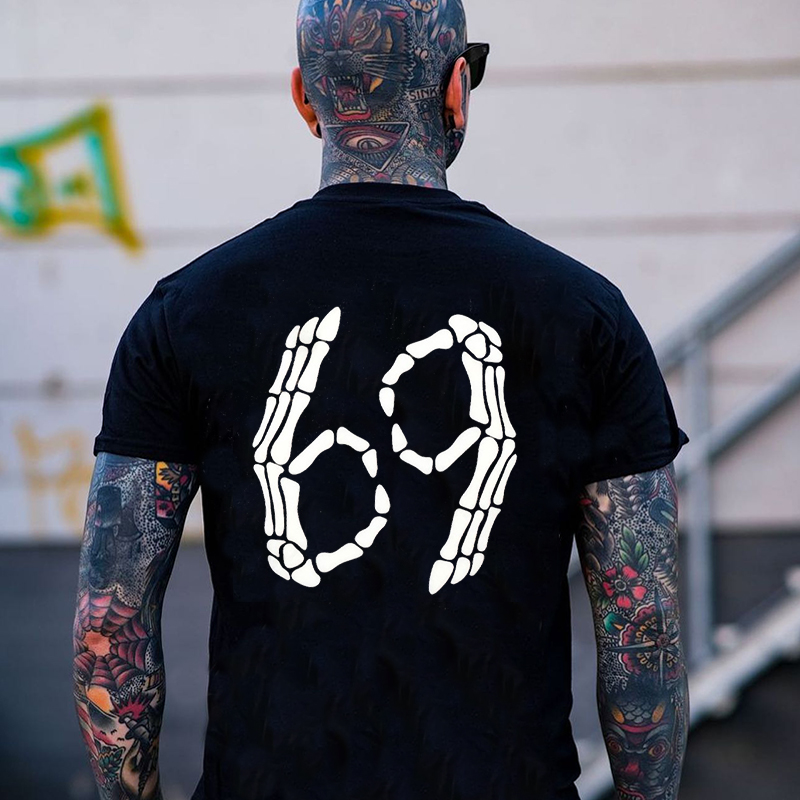 Bone Hands with 69 Gesture Graphic Black Print T-shirt