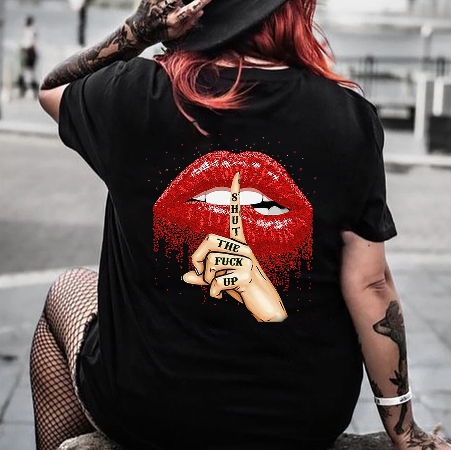 SHUT THE FUCK UP Sexy Lips Keeping Silent Print Women's T-shirt