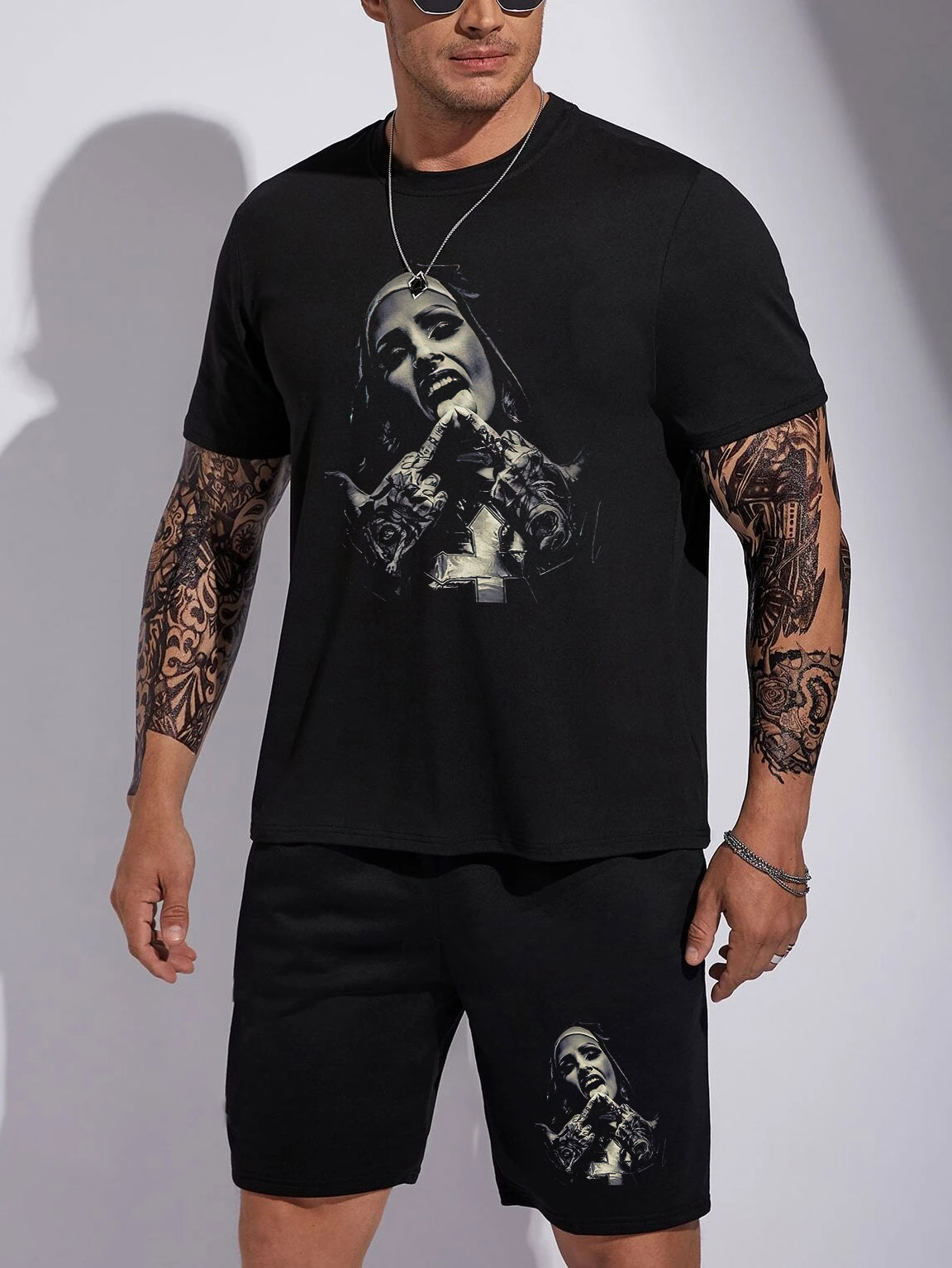 Vintage Nun Black T-shirt and Shorts Printed Suit