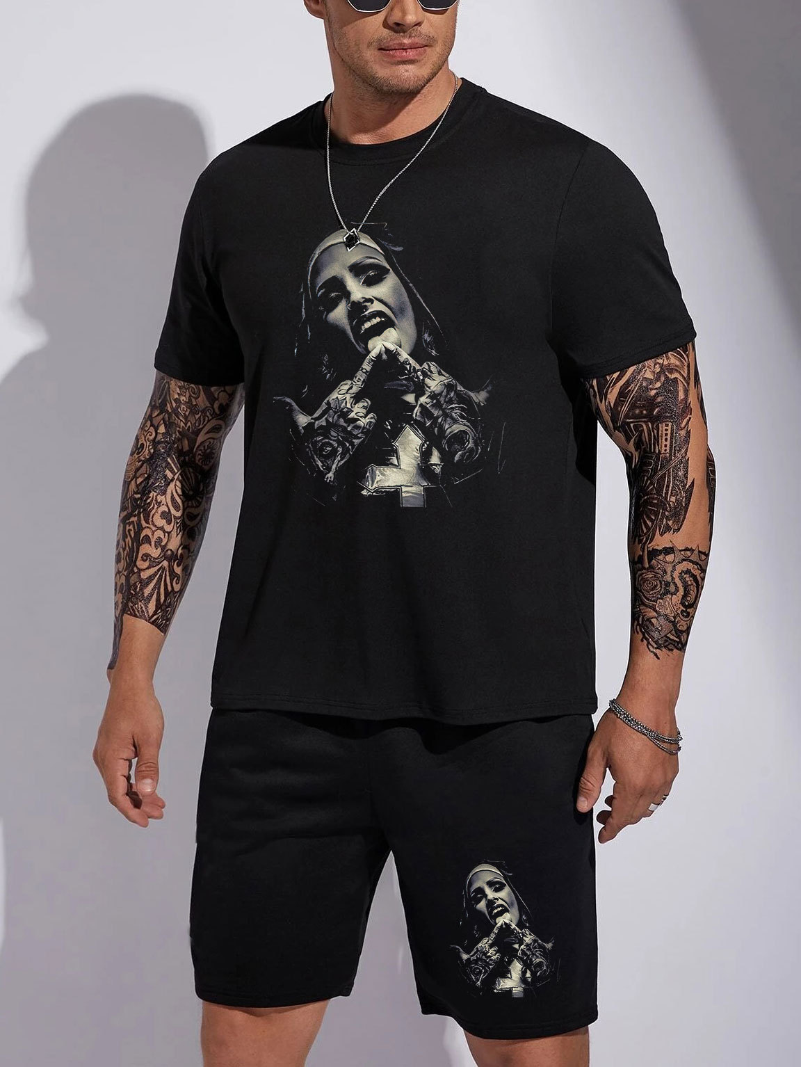 Vintage Nun Black T-shirt and Shorts Printed Suit
