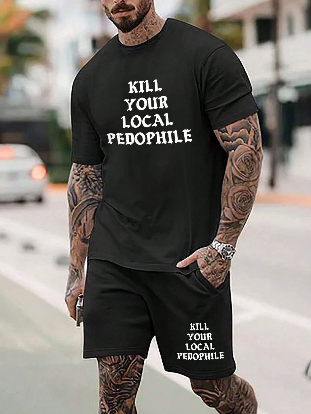 KILL YOUR LOCAL PEDOPHILE Black Printed Suit