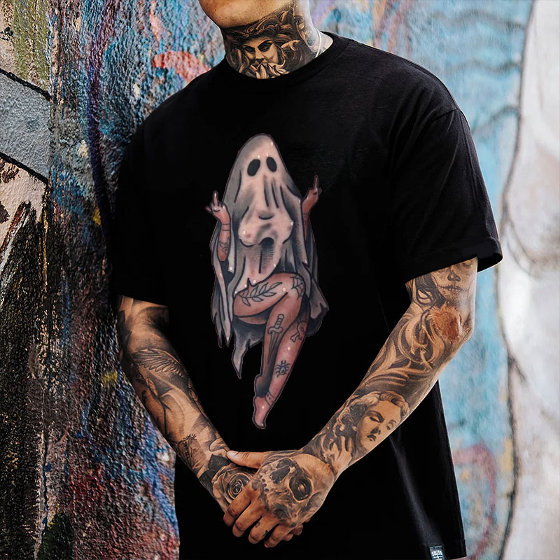 Naughty Sexy Lady Ghost with Tattoo Black Print T-shirt