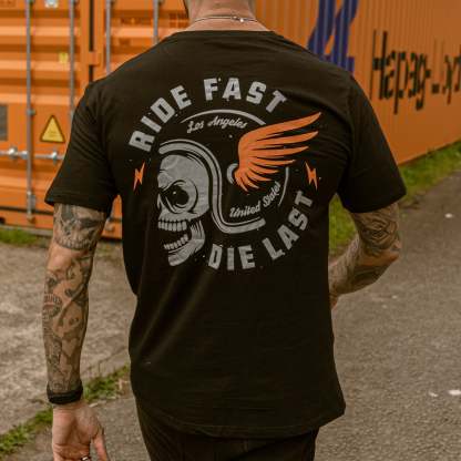 RIDE FAST DIE LAST Crazy Skull with a wings helmet Black Print T-shirt