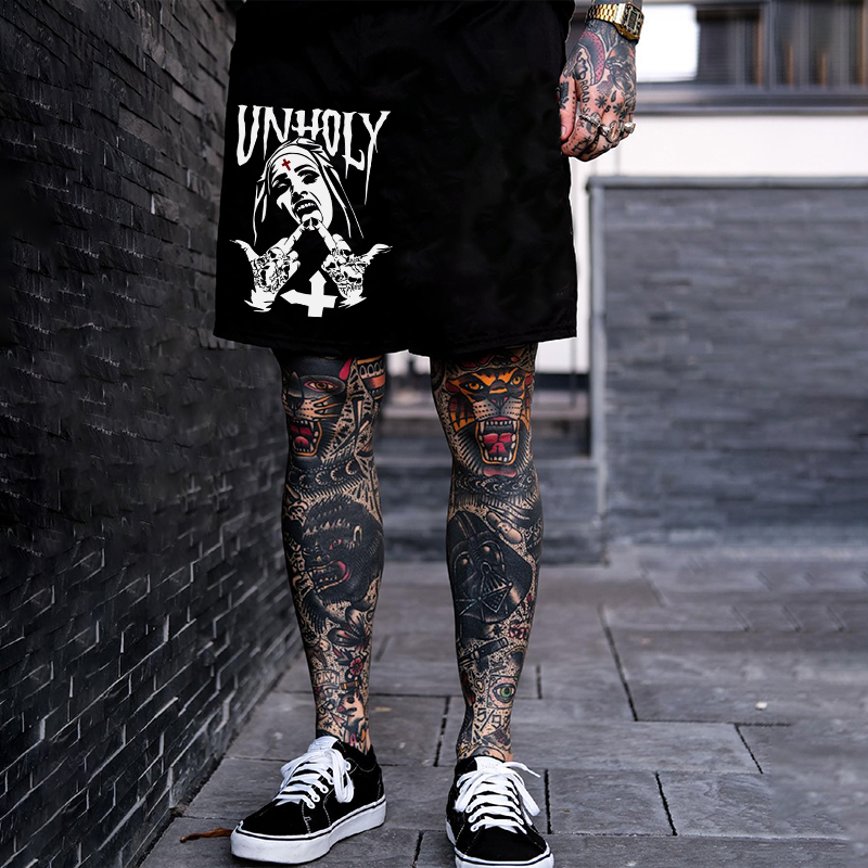 UNHOLY Nun Religious Graphic Casual Black Print Shorts