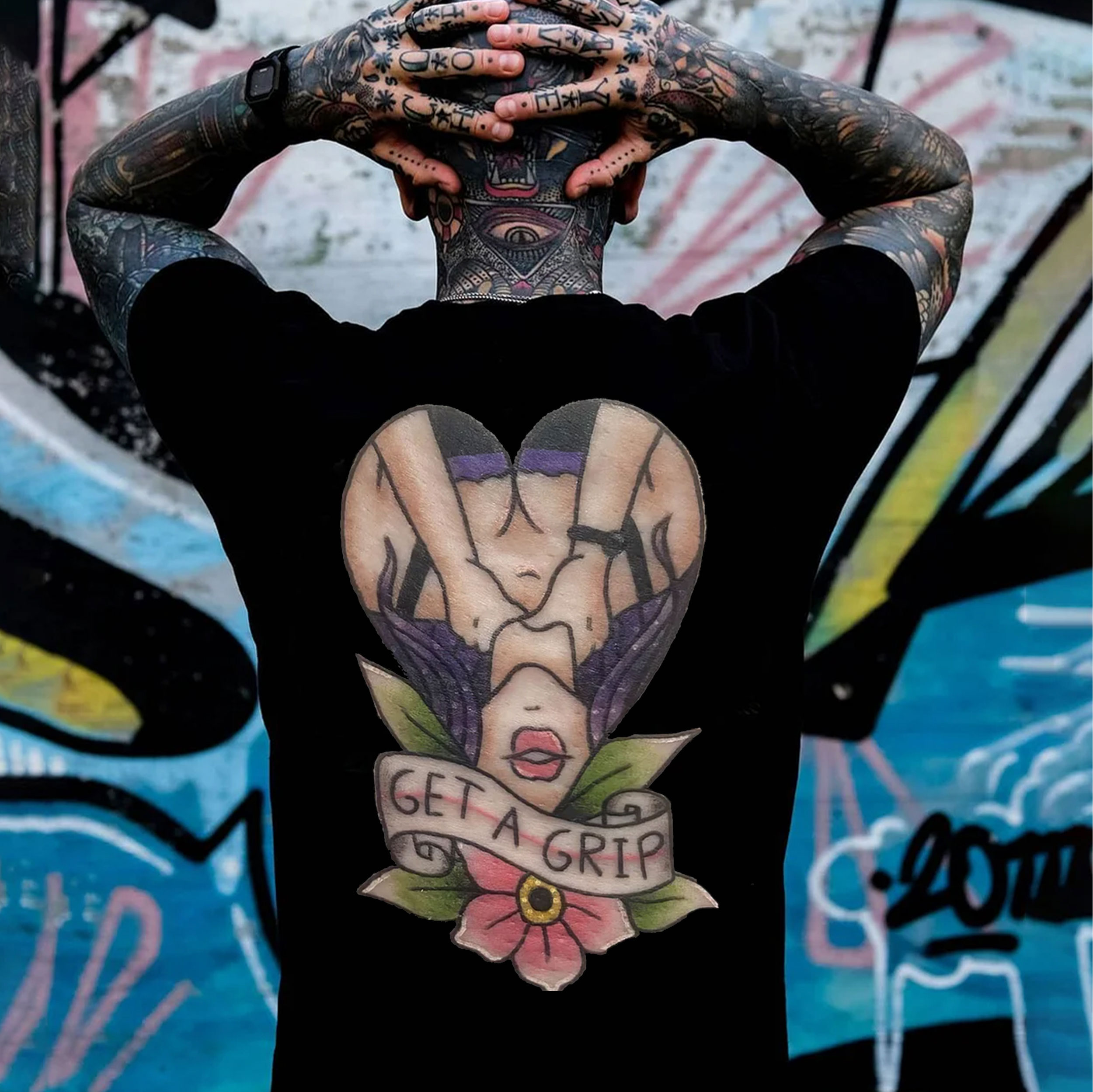 GET A GRIP Sexy Lady with Flowers Black Print T-shirt