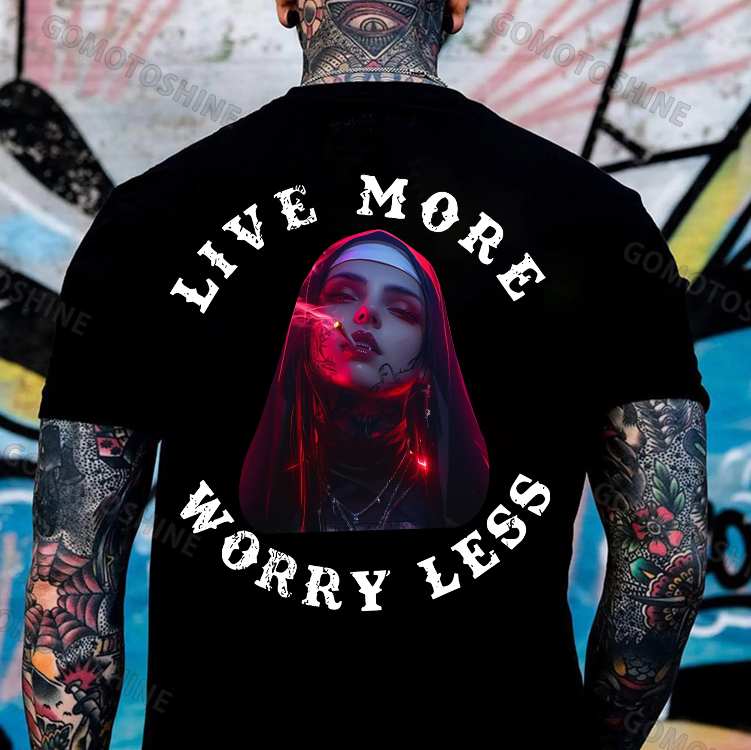 LIVE MORE WORRY LESS Smoking Nun Print Men's T-Shirt