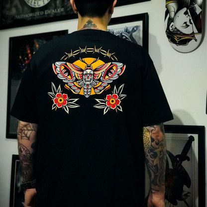 Skull Butterfly with Flowers Black Print T-Shirt