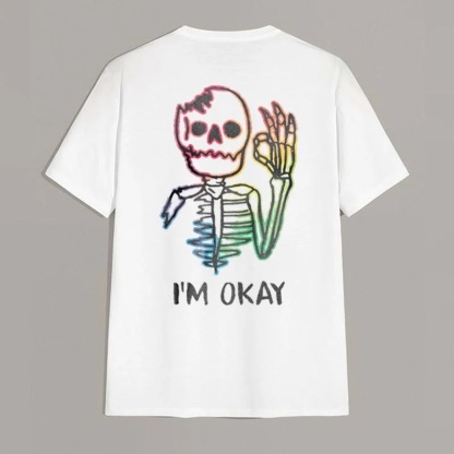 Multicolored Skull Bone I’M OK Graphic White Print T-shirt