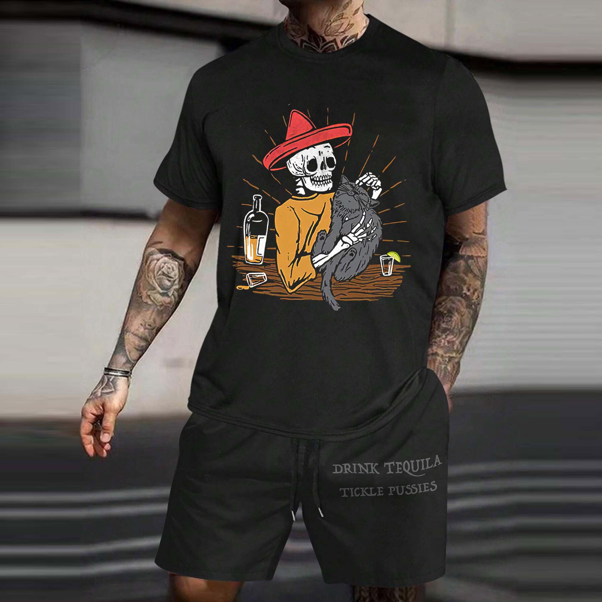 DRINK TEQUILA TICKLE PUSSIES Skeleton&Cat Print Men's Suit