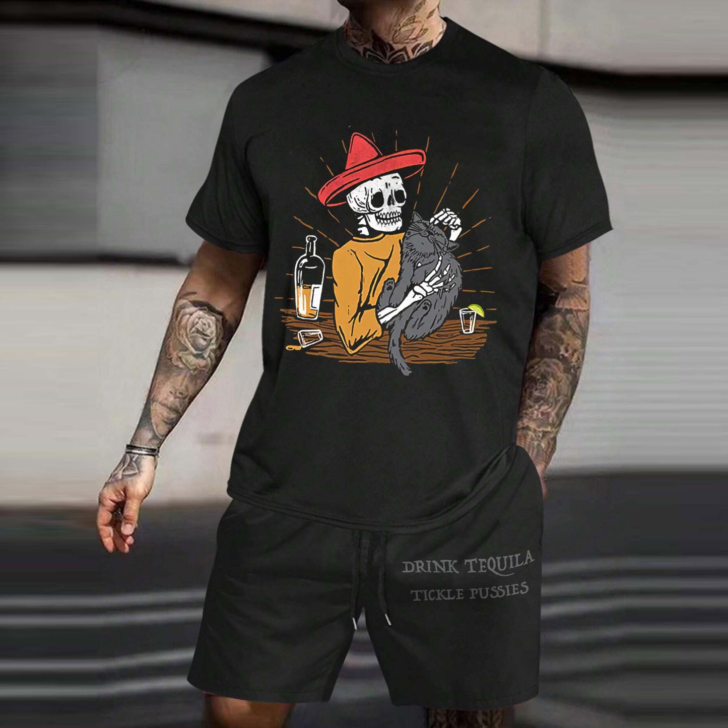 DRINK TEQUILA TICKLE PUSSIES Skeleton&Cat Print Men's Suit