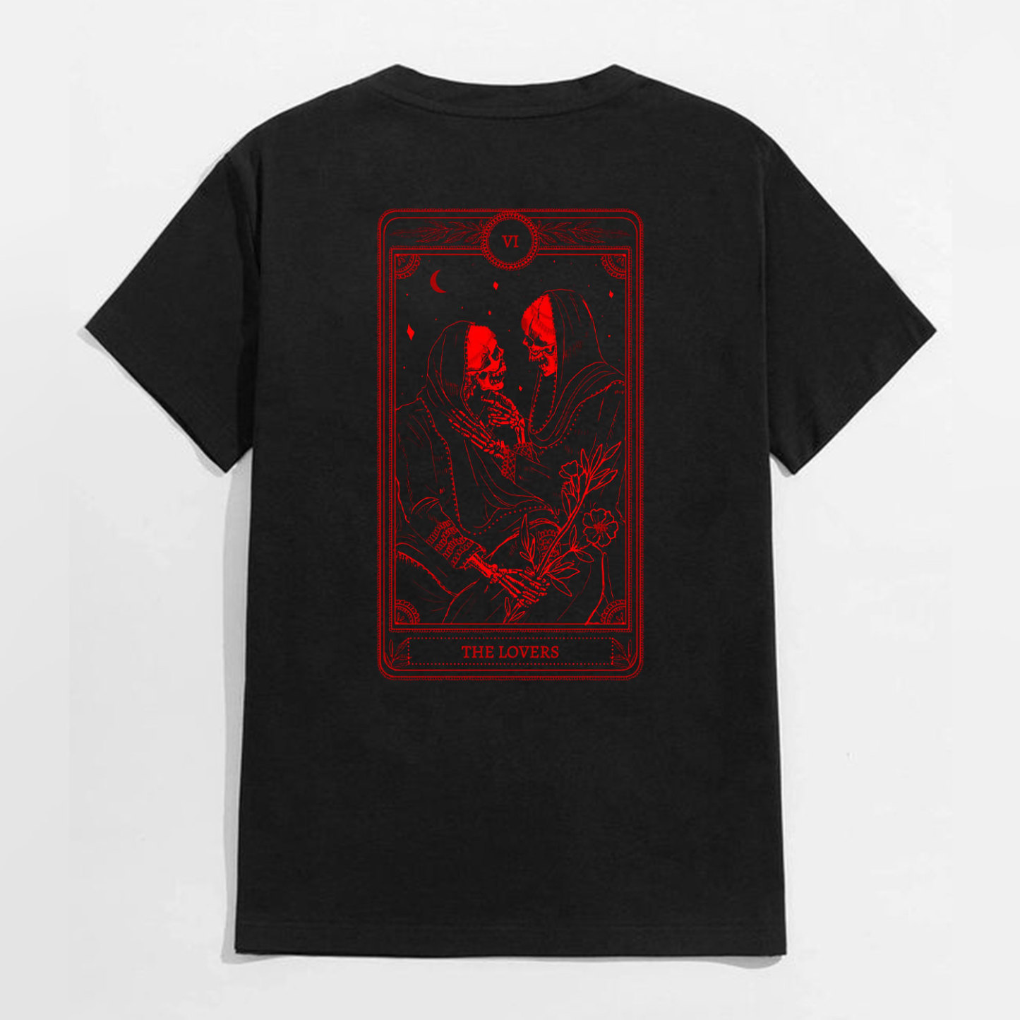 THE LOVES Two skeletons with Flowers Red Graphic Casual Black Print T-shirt