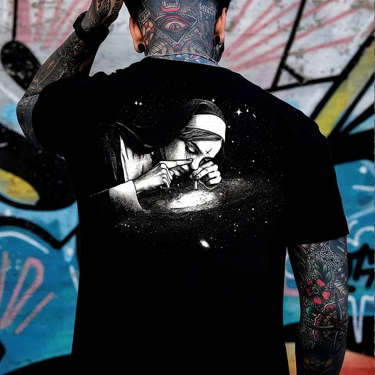 Nun Smoking Dark Style Black Print T-shirt