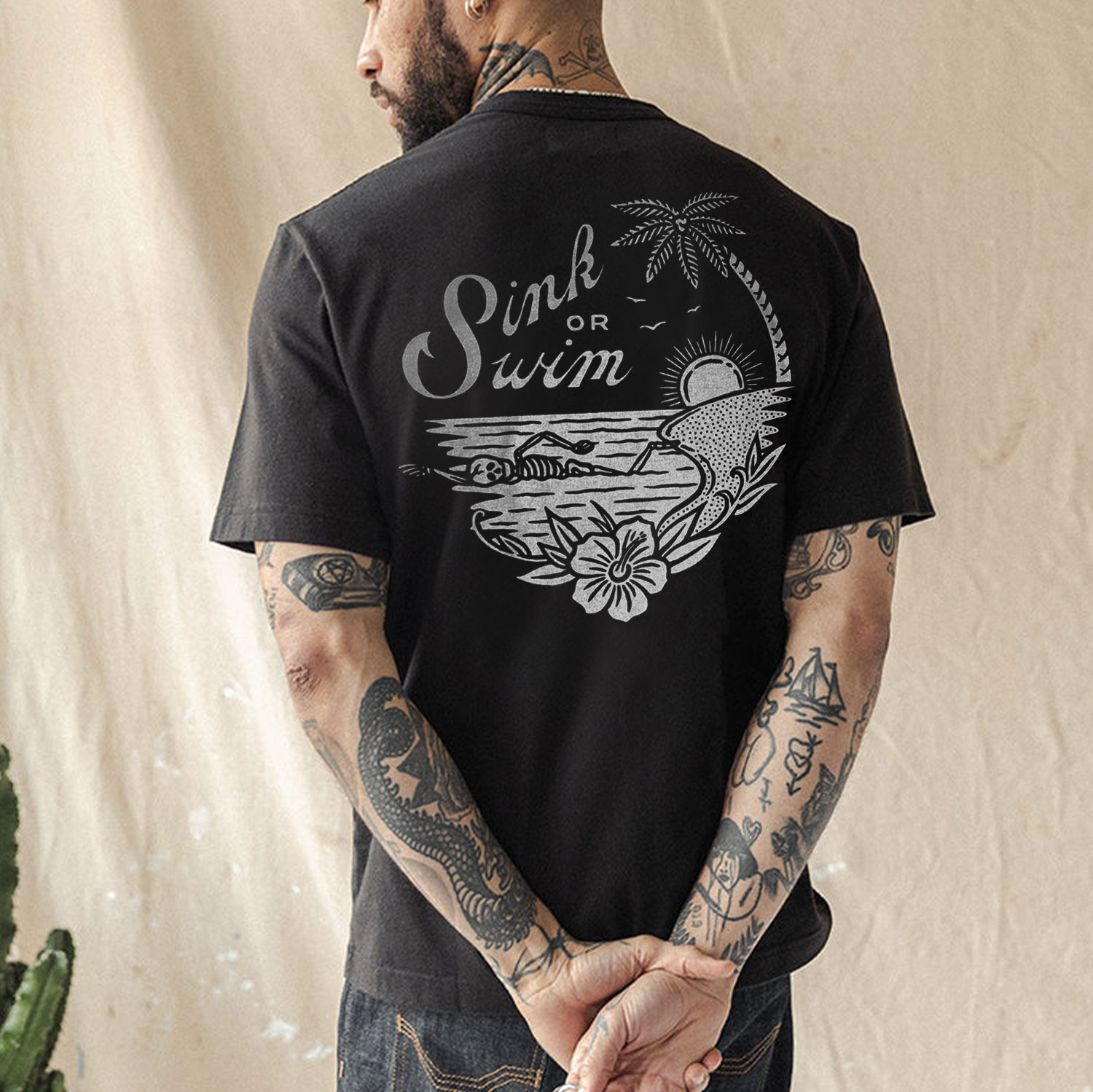Summer Beach Vacation Skull Swimming Black Print T-shirt
