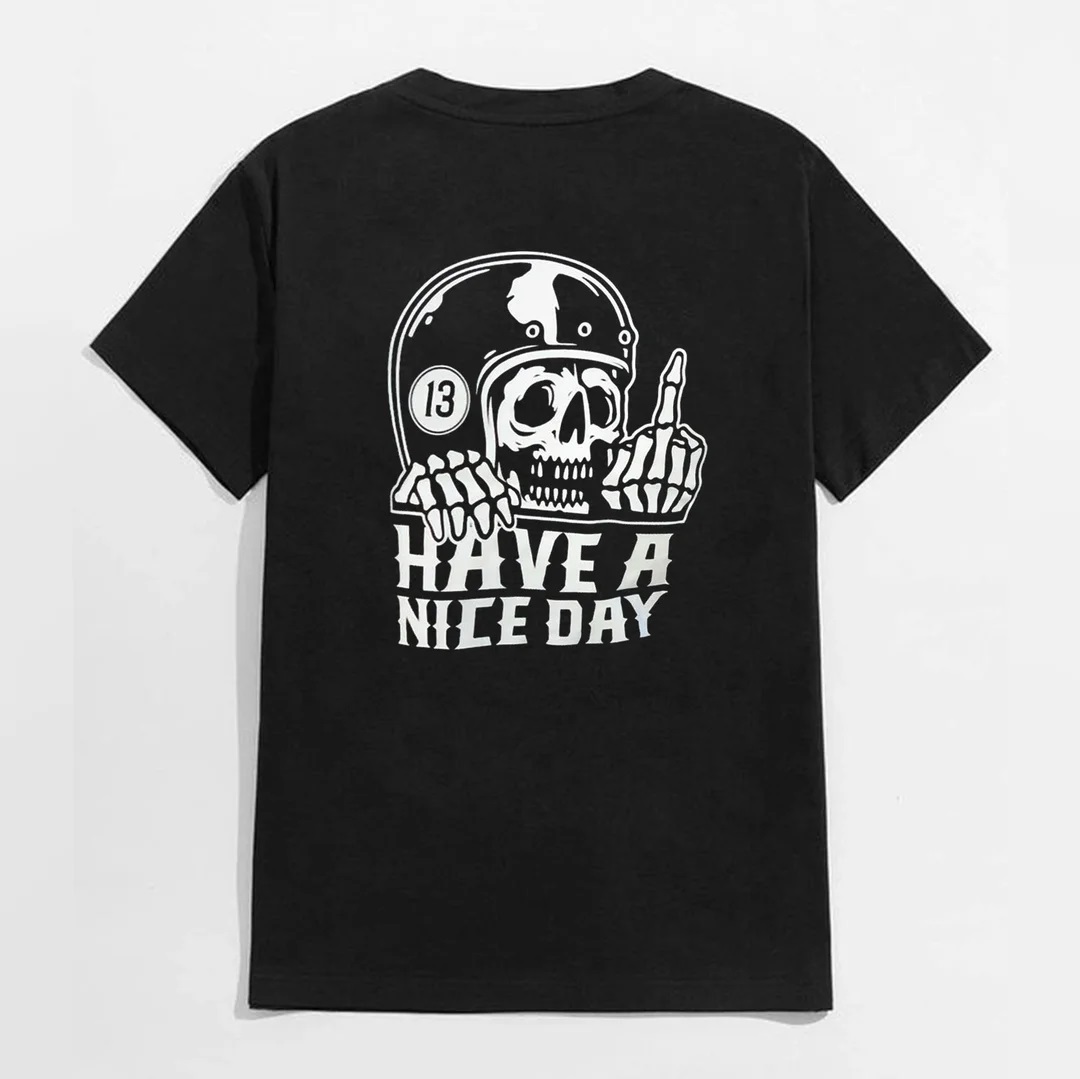 HAVE A NICE DAY Skull with Helmet Graphic Black Print T-shirt