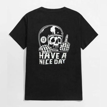 HAVE A NICE DAY Skull with Helmet Graphic Black Print T-shirt