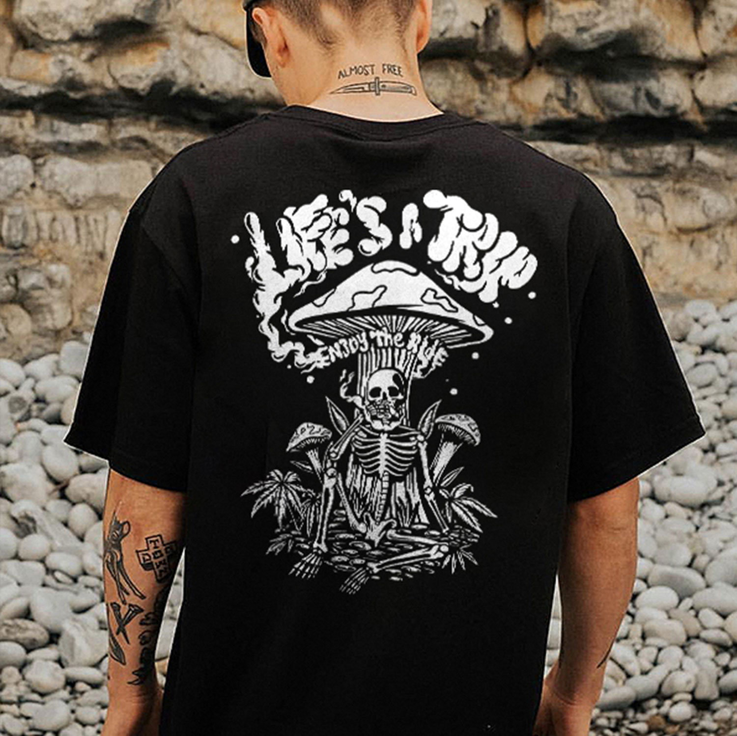 LIFE'S A TRIP ENJOY THE RIDE Skull Casual Graphic Black Print T-shirt