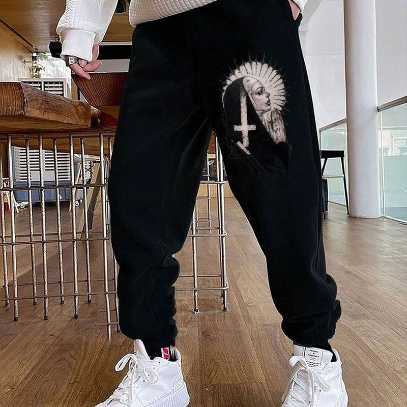 The Praying Nun with Crucifix Print Sweatpants