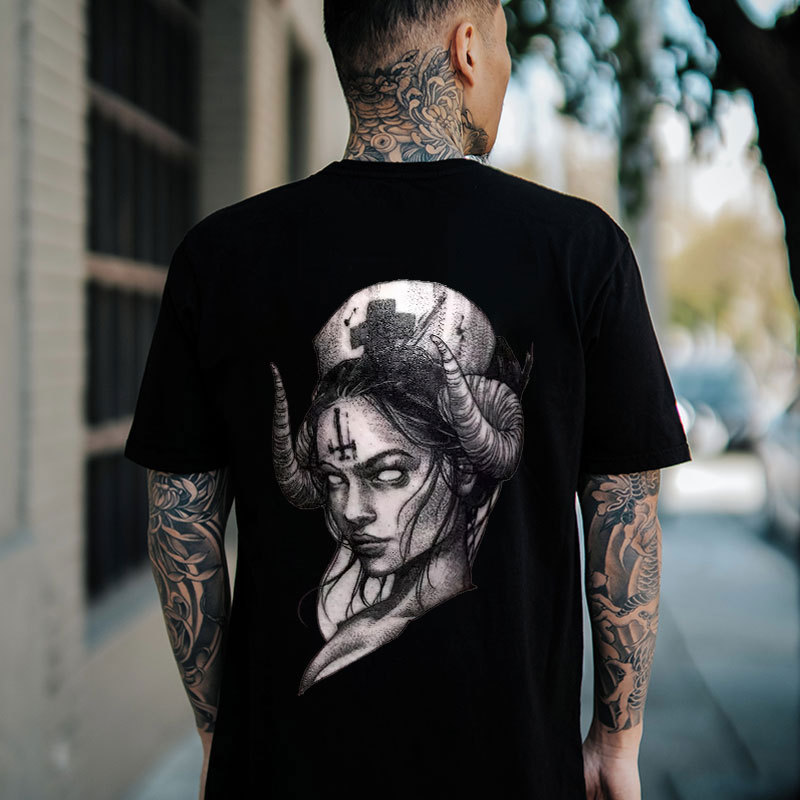 Gothic Nurses Carved with Crucifixes Graphic Casual Black Print T-Shir
