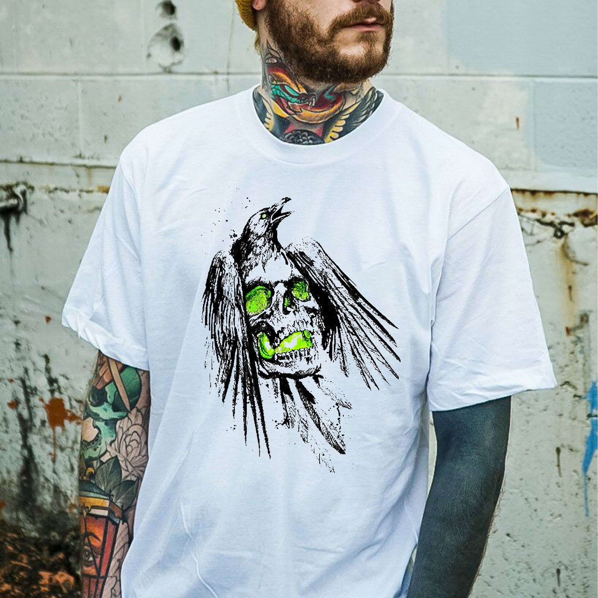 SKULL WITH EAGLE  Graphic White Print Men's T-shirt