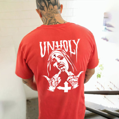 UNHOLY Nun with Crucifix on Forehead Graphic Casual Black Print T-shirt