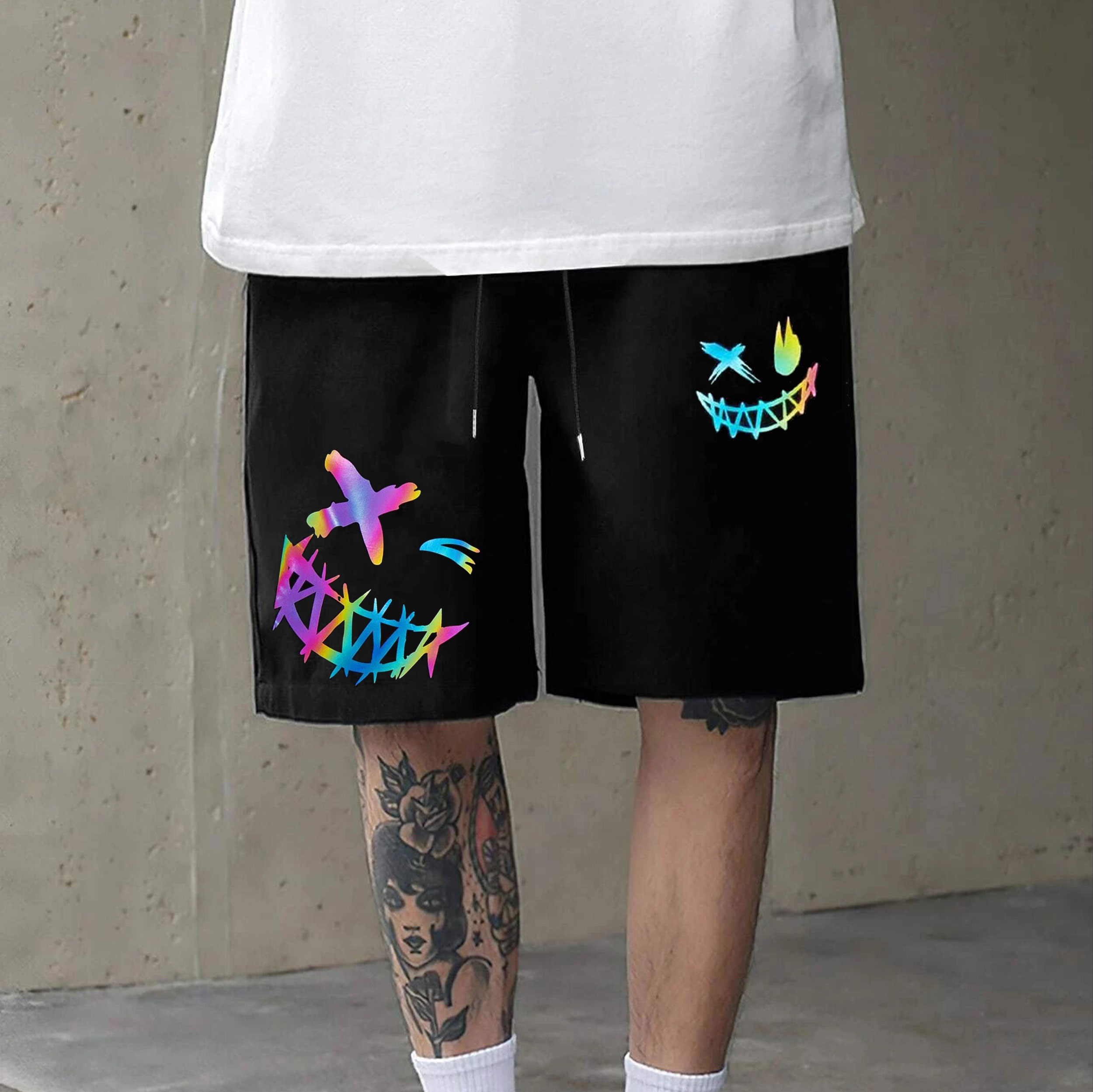 Evil Colorful Emoji Graphic Black Print Shorts