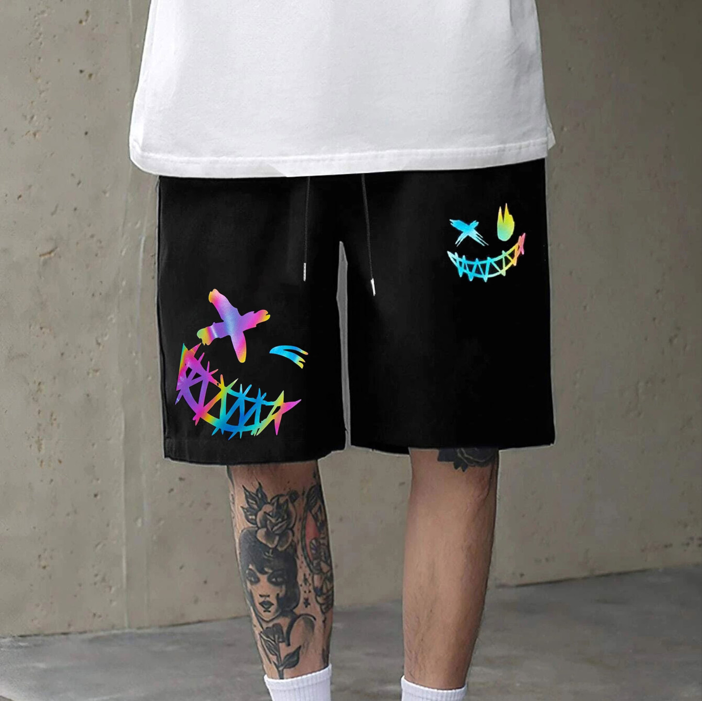 Evil Colorful Emoji Graphic Black Print Shorts