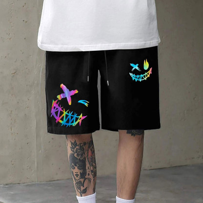 Evil Colorful Emoji Graphic Black Print Shorts