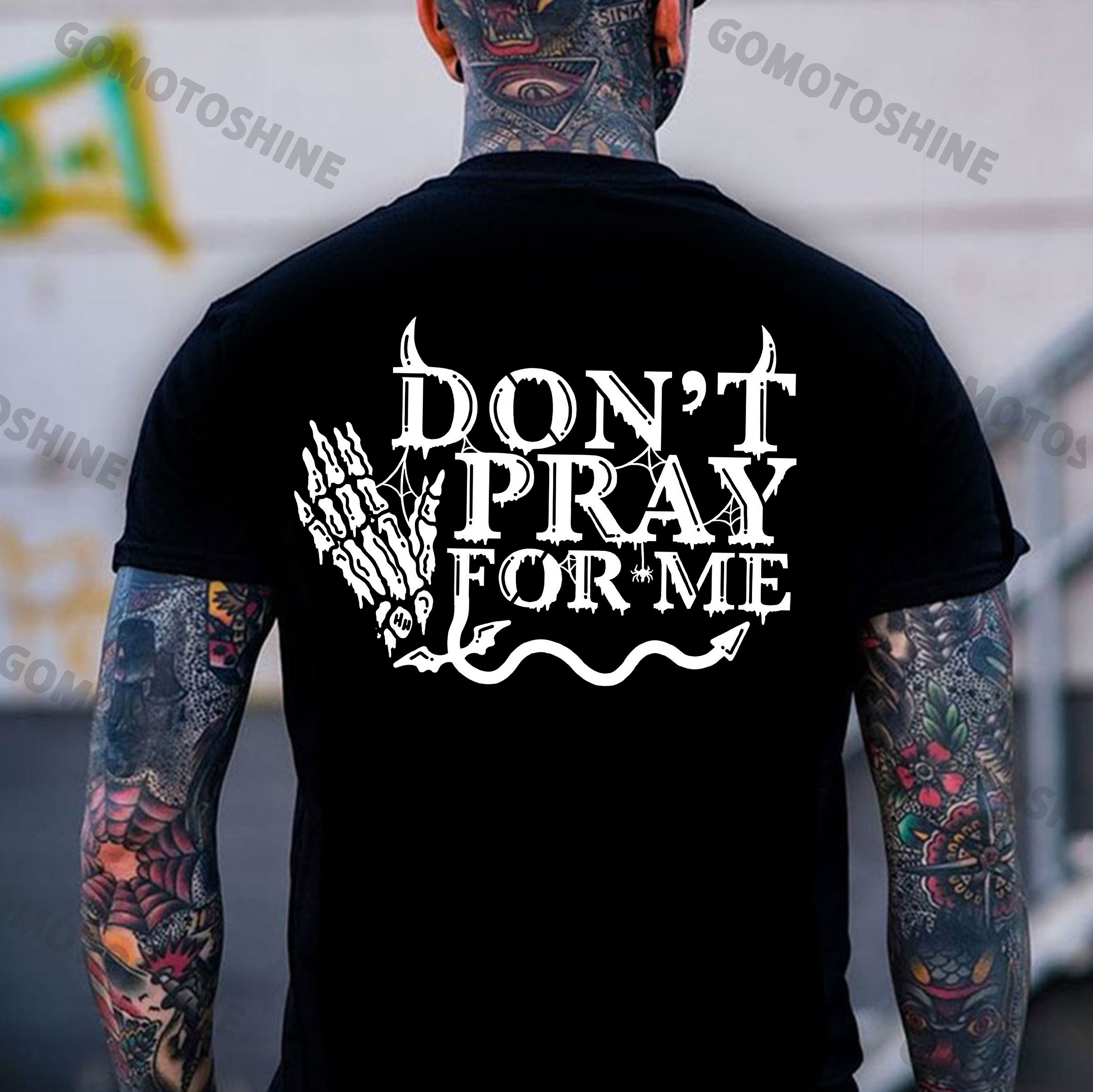 DON'T PRAY FOR ME Bone Hand&Devil's Tail Print Men's T-Shirt