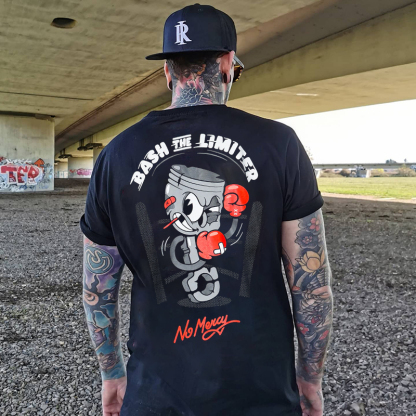 BASH THE LIMITER No Mercy Fighting Tool Man Graphic Black Print T-shirt
