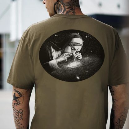 Nun Smoking Dark Style Black Print T-shirt