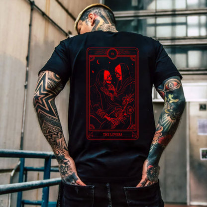 THE LOVES Two skeletons with Flowers Red Graphic Casual Black Print T-shirt