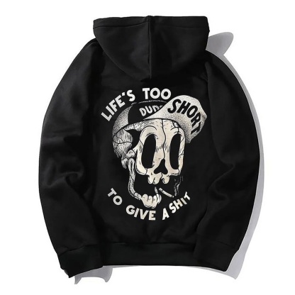 LIFE’S TOO SHORT TO GIVE A SHIT Skull with Hat Black Print Hoodie
