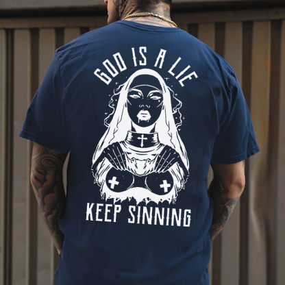 GOD IS A LIE KEEP SINNING Nun Graphic White Print T-shirt