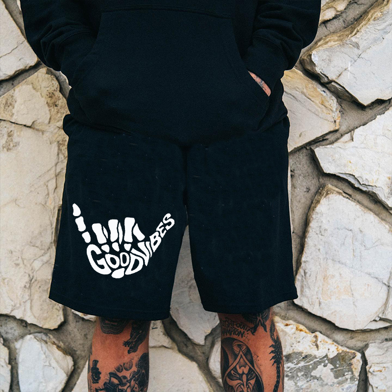 GOOD VIBES Bone Hands Graphic Black Print Shorts