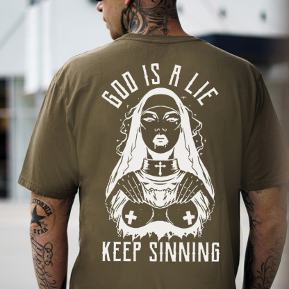GOD IS A LIE KEEP SINNING Nun Graphic White Print T-shirt
