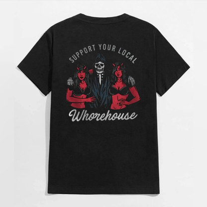 SUPPORT YOUR LOCAL WHOREHOUSE Skull with Sexy Ladies Print T-shirt Image - 9