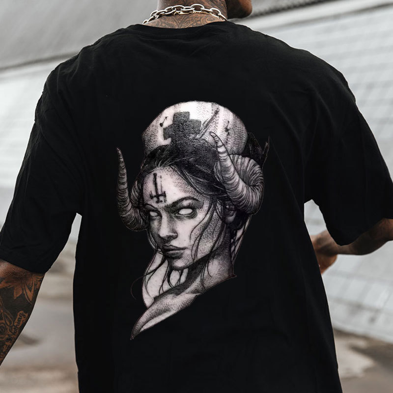 Gothic Nurses Carved with Crucifixes Graphic Casual Black Print T-Shirt