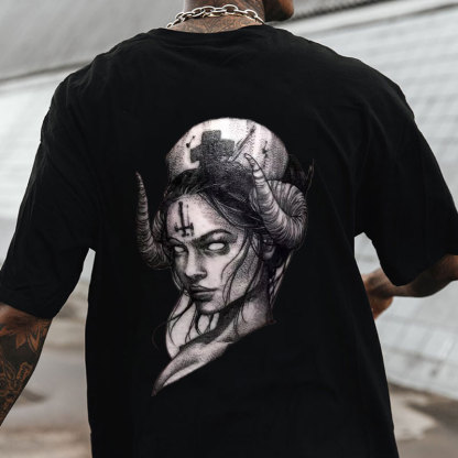 Gothic Nurses Carved with Crucifixes Graphic Casual Black Print T-Shirt