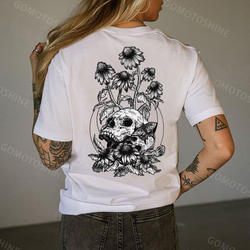 Skull & Flower & Mushroon Print Women's T-shirt