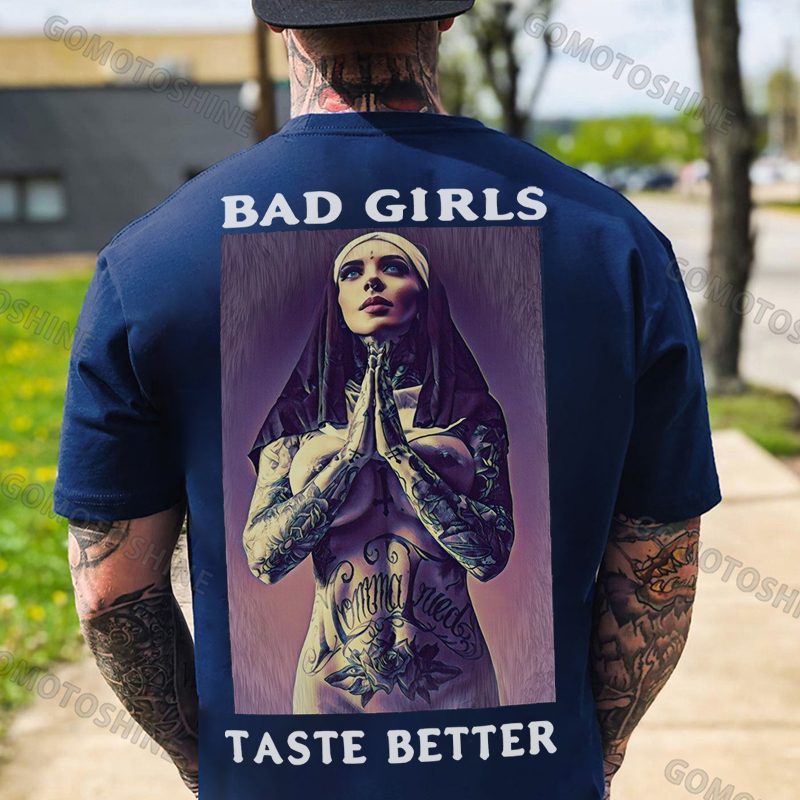 BAD GIRLS TASTE BETTER Tattooed Praying Nun Print Men's T-Shirt