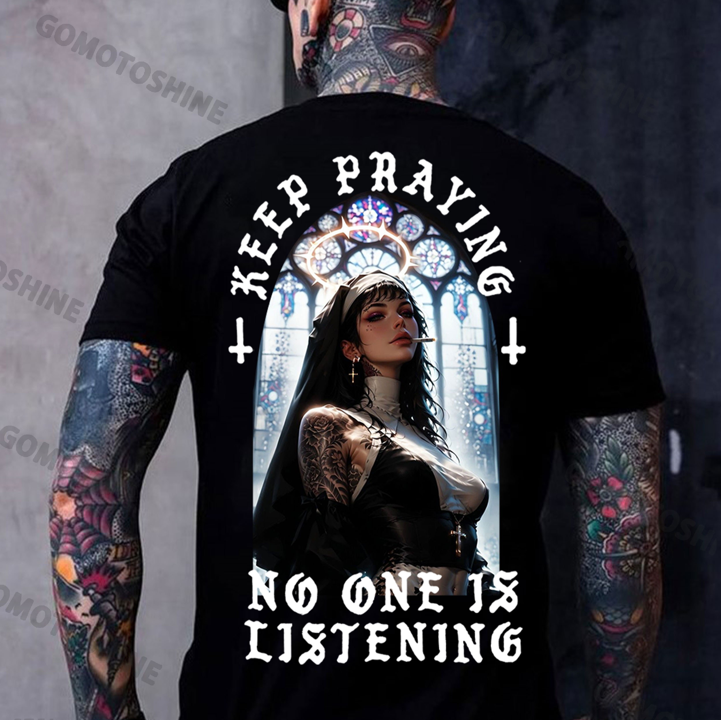KEEP PRAYING NO ONE IS LISTENING Sexy Nun Print Men's T-Shirt
