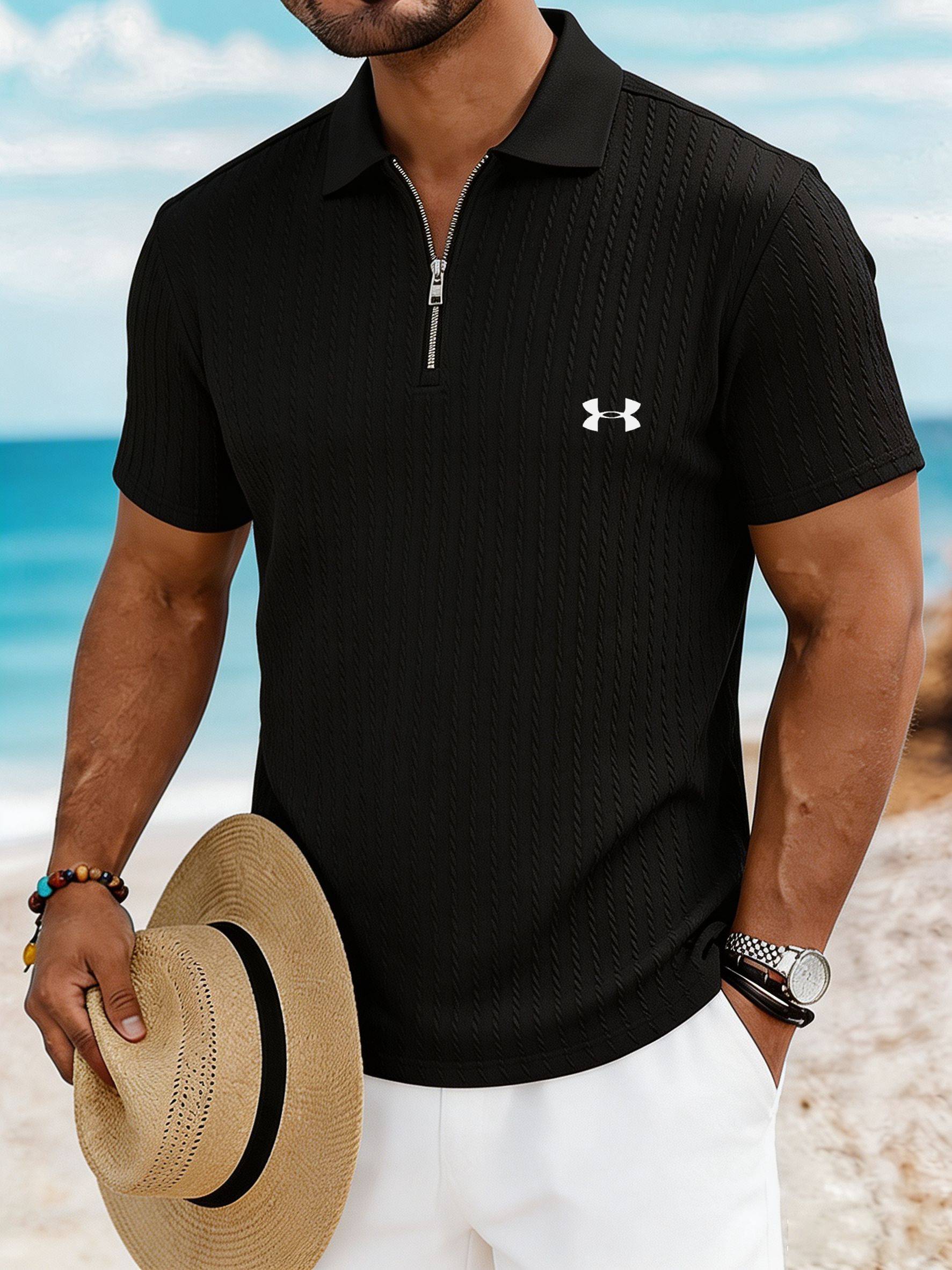 Men’s Breathable Textured Zip Polo – Your Go-To Summer Vacation Shirt