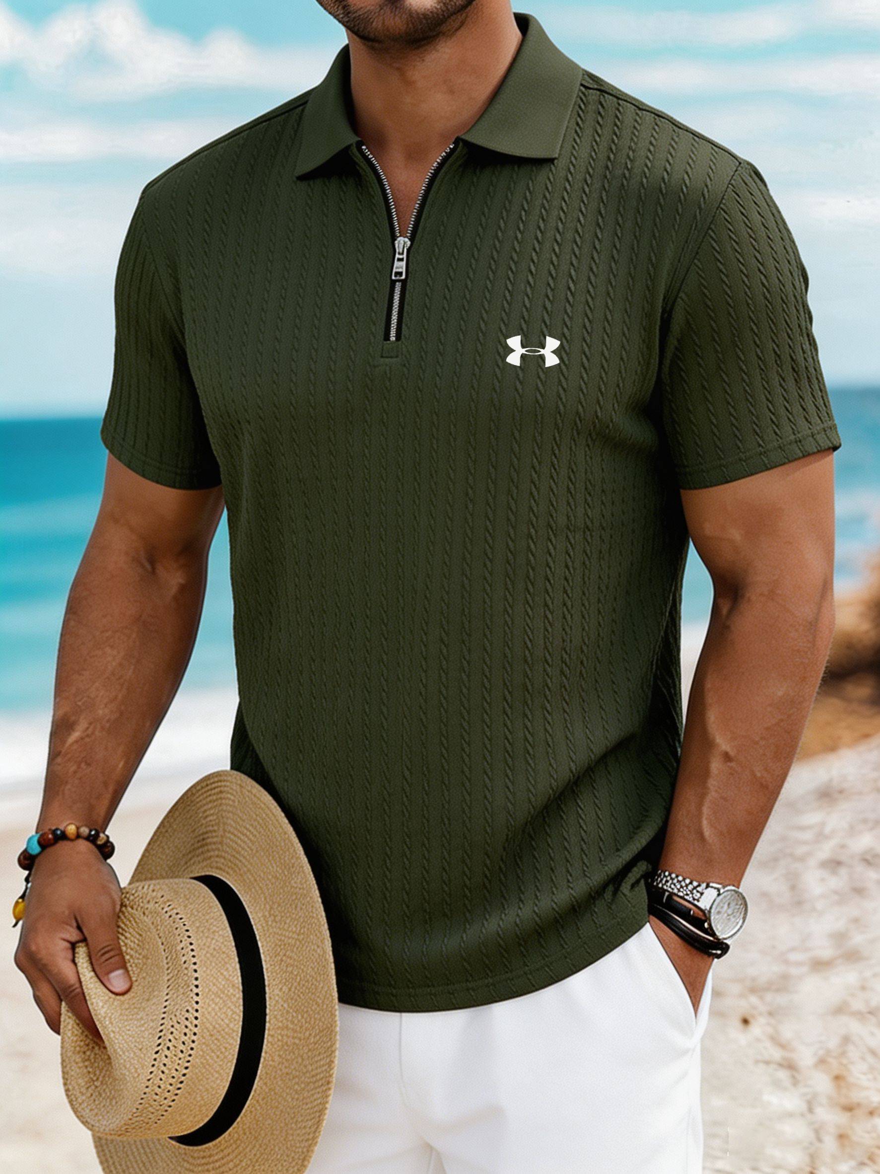 Men’s Breathable Textured Zip Polo – Your Go-To Summer Vacation Shirt