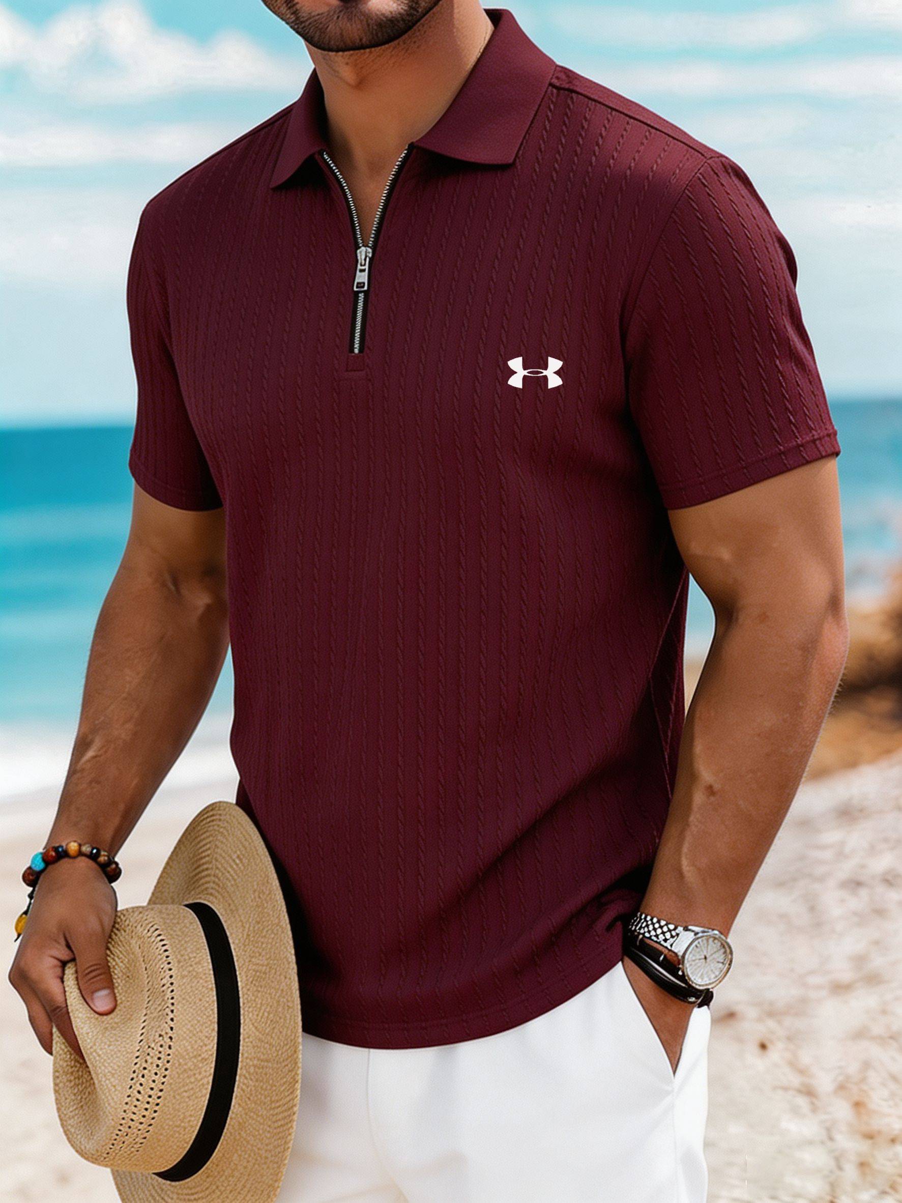 Men’s Breathable Textured Zip Polo – Your Go-To Summer Vacation Shirt