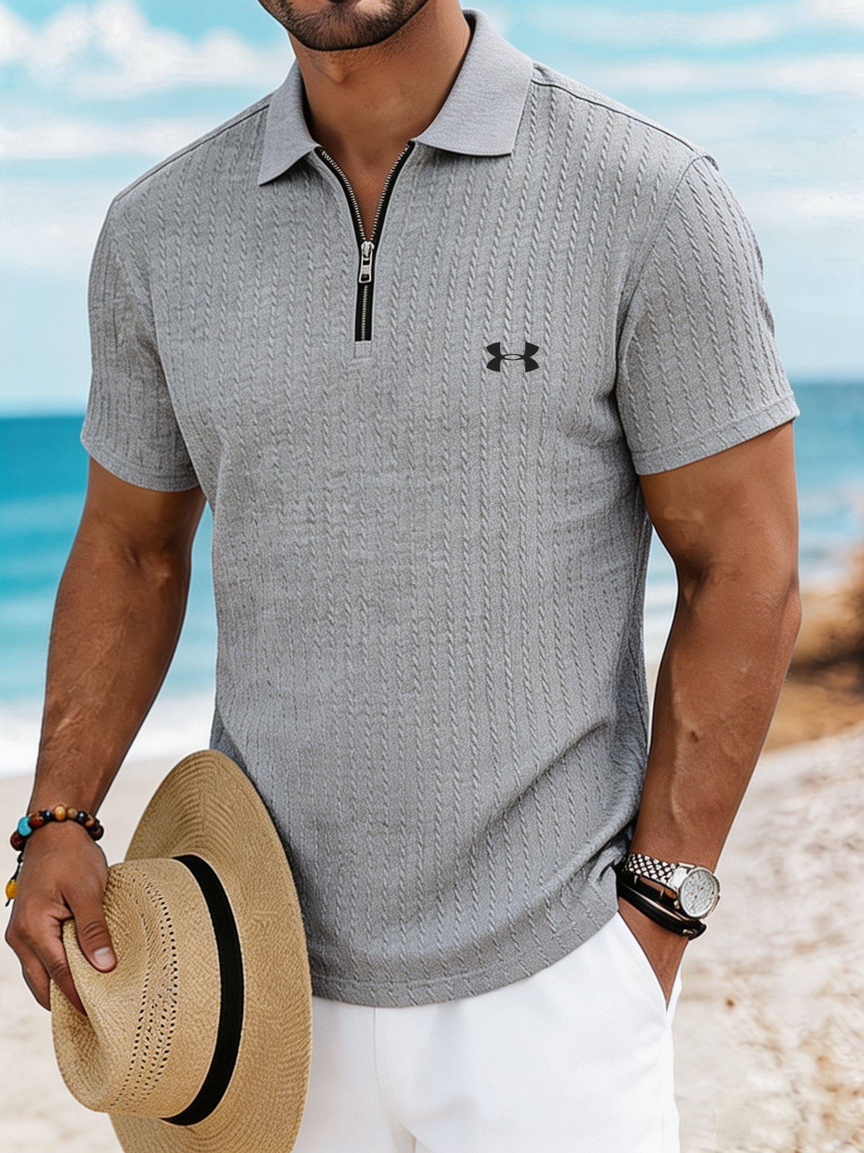Men’s Breathable Textured Zip Polo – Your Go-To Summer Vacation Shirt