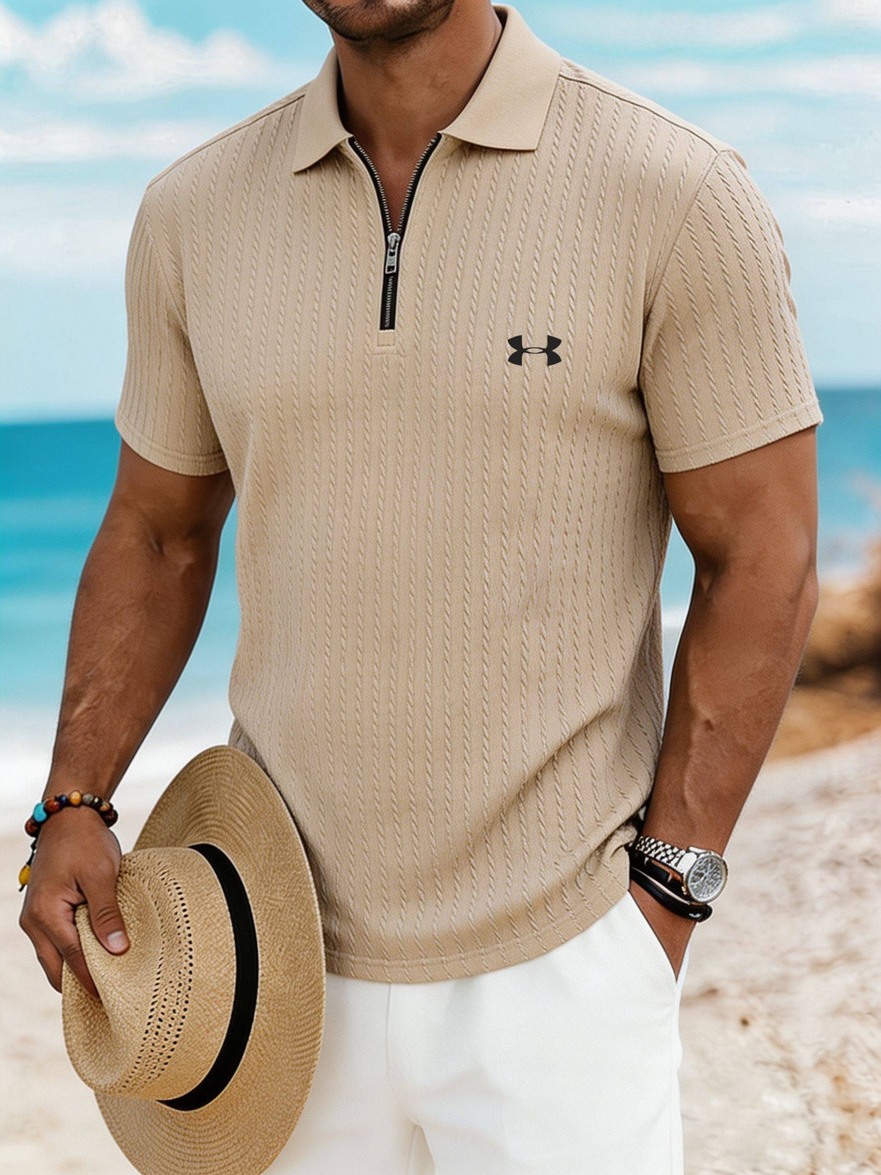 Men’s Breathable Textured Zip Polo – Your Go-To Summer Vacation Shirt