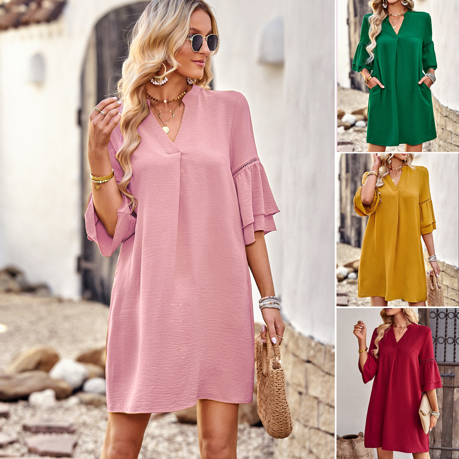 Zamara❤2023 Summer Loose V Neck Skirt Solid Color Dress💥Limited Sale 50% OFF
