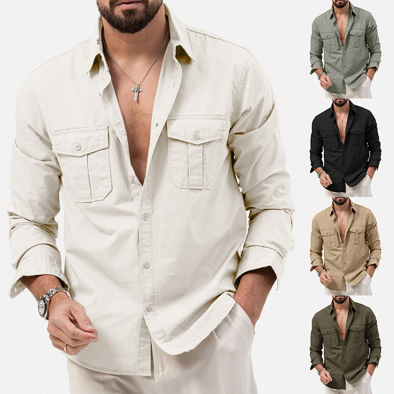Men's Shirt Double Pocket Casual Long Sleeve Top