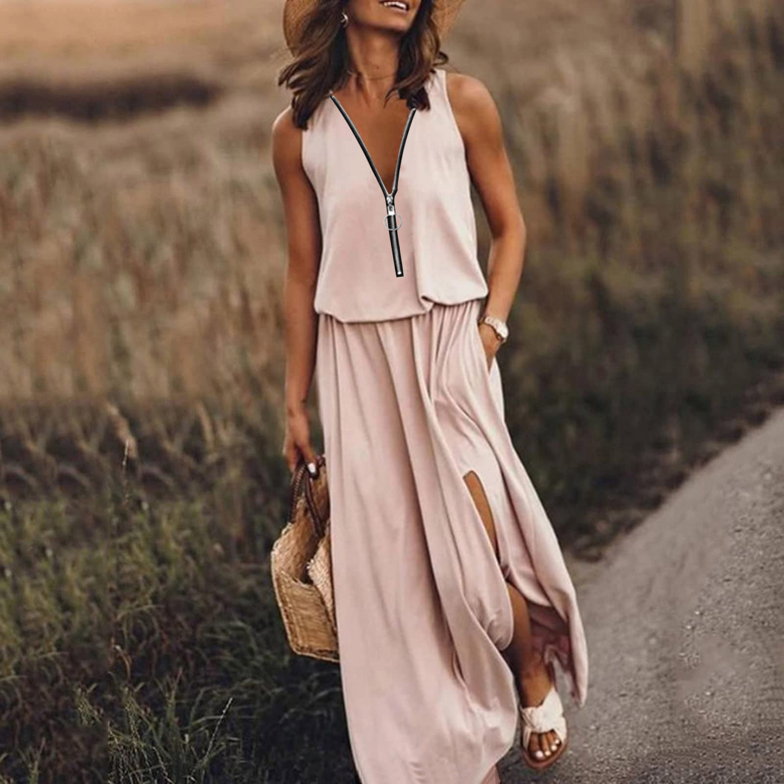 ❤Summer sleeveless dress casual high waist zipper skirt💥Limited Sale 50% OFF